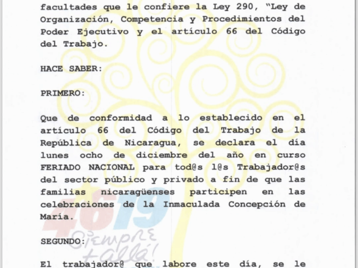 La Ministra del Trabajo, en uso de las facultades que le confiere la Ley 290 “Ley de Organización, Competencia y Procedimientos del Poder Ejecutivo” y el artículo 66 del Código del Trabajo.