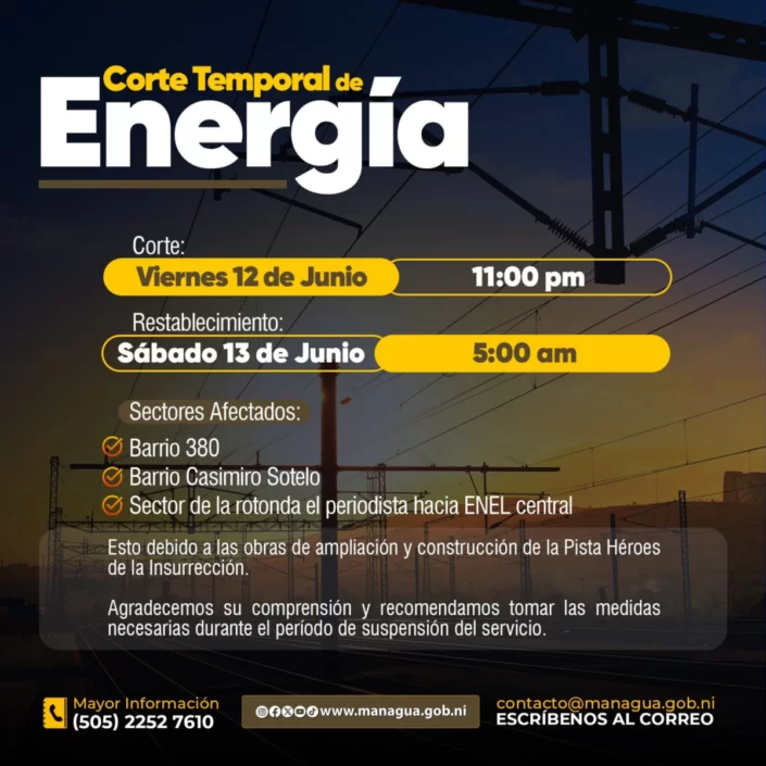 Anuncian corte temporal de energía eléctrica cerca de ENEL Central
